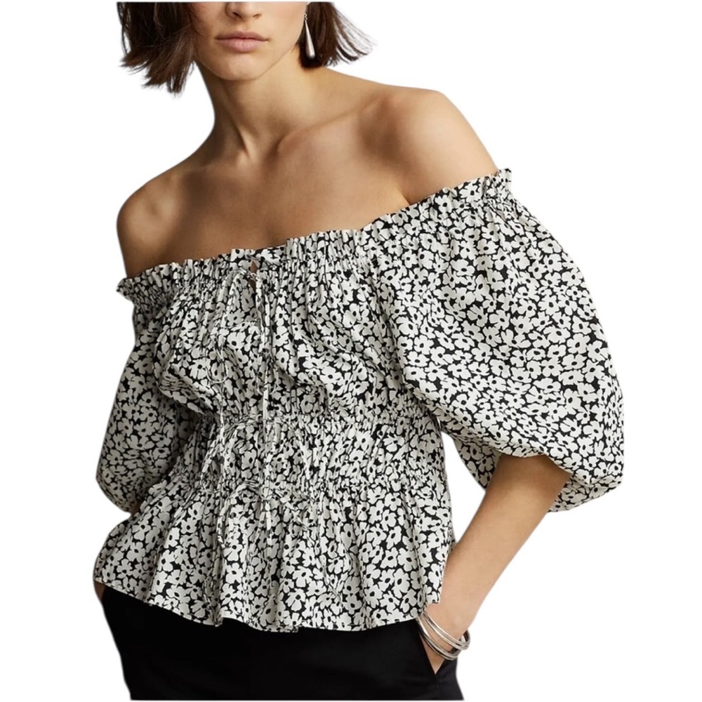 NWT Polo Ralph Lauren Women’s Floral Print Puff Sleeves Blouse Black/ White Twee